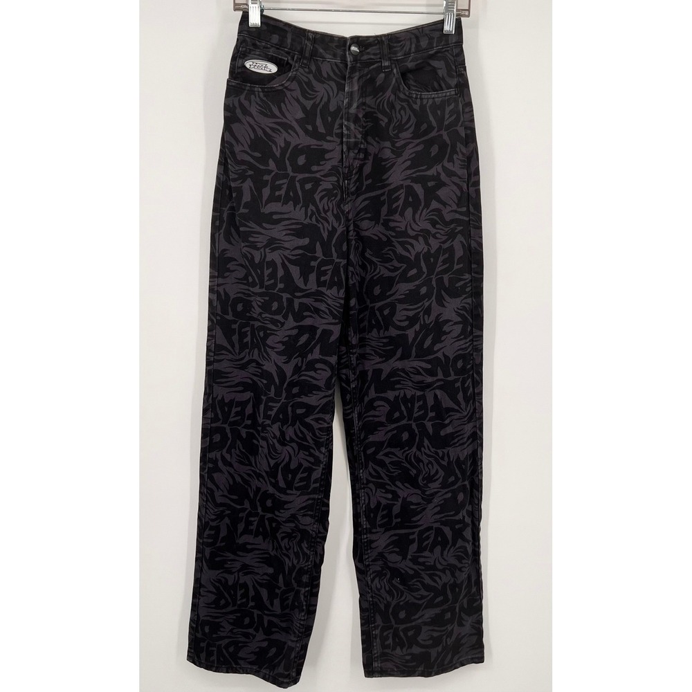 No Fear x‎ HM All Over Print Jeans Grey Black Wide Leg Pants Womens Size 2